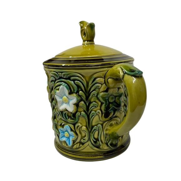 VTG Lefton Teapot Geo Z Floral Green Hand Painted Blue White Flower‎ Garden Read - Picture 4 of 14